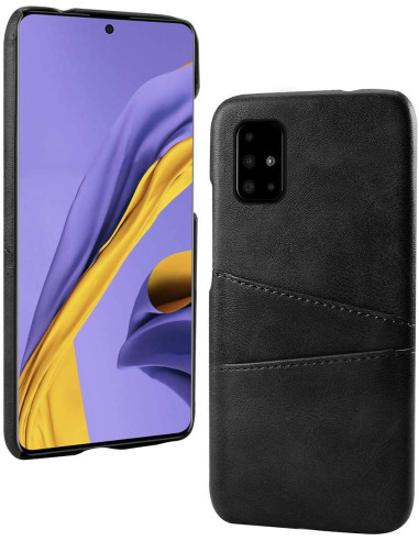 Samsung A71 skal med korthållare i svart, sett framifrån med telefon insatt