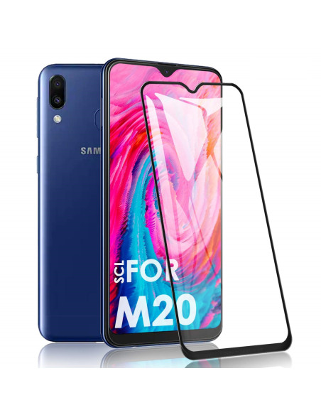 Härdat glas för Samsung M20, monterat framför telefonen med färgglad skärm