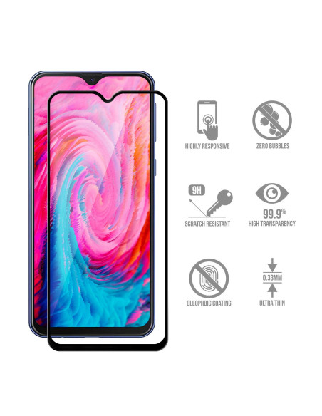 Närbild av Samsung M20 med härdat glas, tydlig skärm och skyddande ram