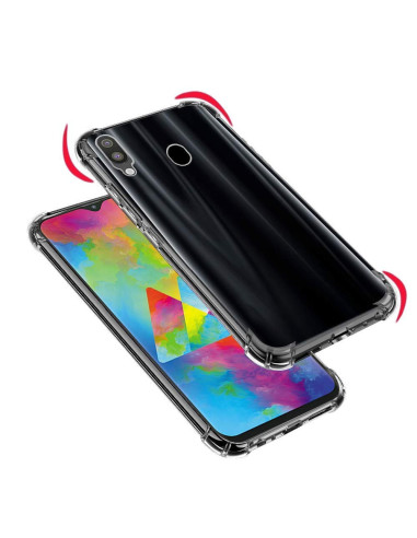 Samsung M20 skal i transparent TPU, visat från framsidan med telefon monterad