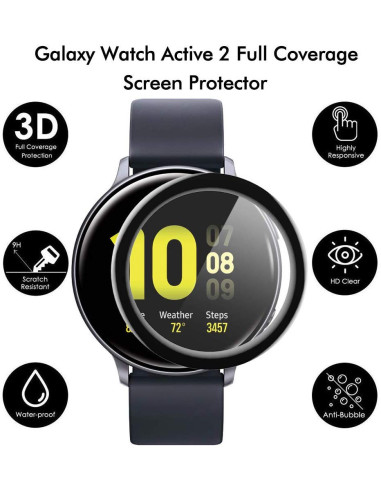 Detaljvy av Samsung Galaxy Watch Active 2 med 3D skärmskydd som visar skärmen tydligt