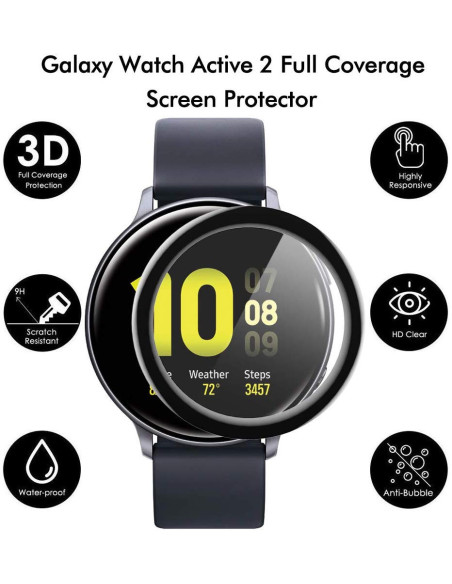 Detaljvy av Samsung Galaxy Watch Active 2 med 3D skärmskydd som visar skärmen tydligt