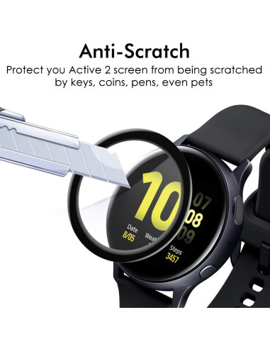 Skydd av Samsung Galaxy Watch Active 2 med skärmskydd mot repor, visande skärmen i detalj