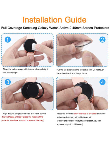 Samsung Galaxy Watch Active 2 med skärmskydd monterat, visande installationstips
