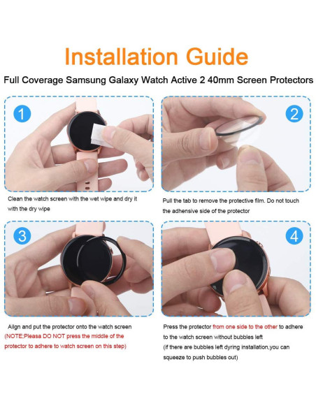 Samsung Galaxy Watch Active 2 med skärmskydd monterat, visande installationstips