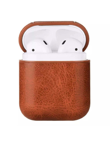 Fodral i brunt PU-läder med öppet lock och AirPods synliga inuti