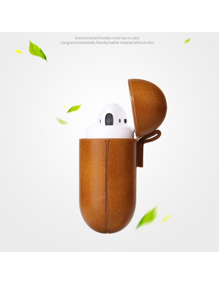 Fodral i brunt PU-läder med öppet lock och AirPods delvis synliga
