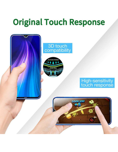 Xiaomi Redmi Note 8 med härdat glas, visat med händer som interagerar med skärmen
