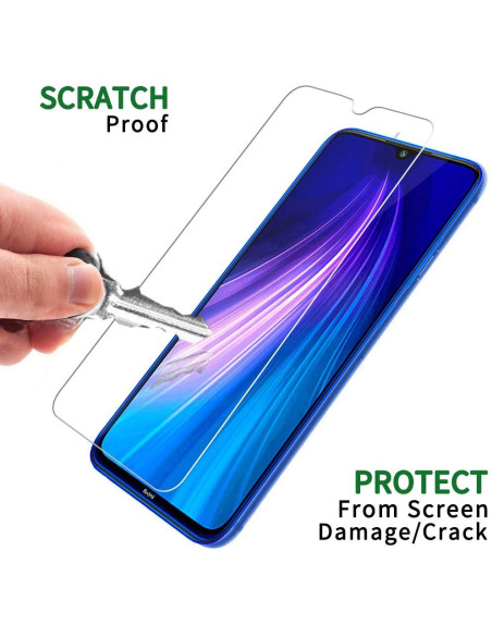 Närbild av härdat glas för Xiaomi Redmi Note 8 med nyckel som visar repmotstånd