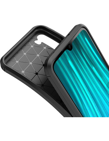 Närbild av insidan av Xiaomi Redmi Note 8 skal med karbonfiberlook och mönstrad yta