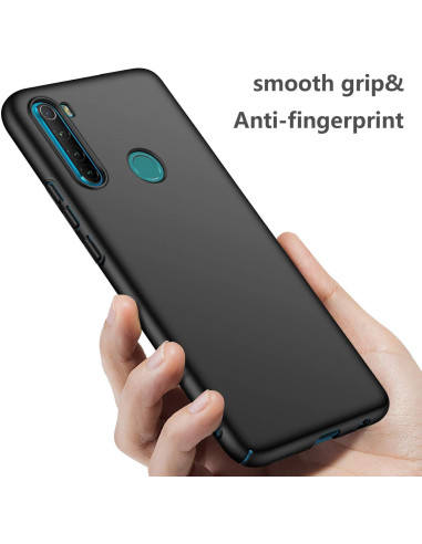 Mattsvart skal för Xiaomi Redmi Note 8, hålls i handen med fokus på grepp och knappar