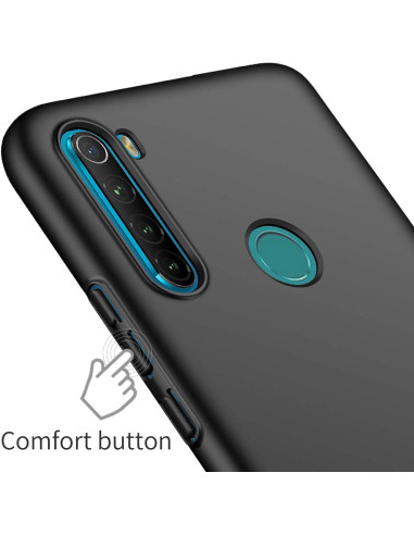 Detaljvy av mattsvart skal för Xiaomi Redmi Note 8 med fokus på knappar och kamerautskärning