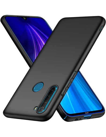 Mattsvart skal för Xiaomi Redmi Note 8, visat från sidan med fokus på knappar och telefonens baksida