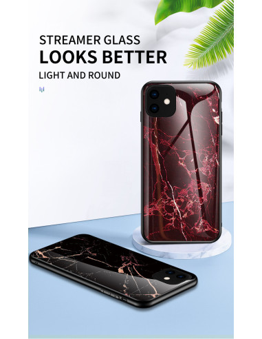 iPhone 11 marmorskal med röd marmorlook och transparent baksida, sett framifrån