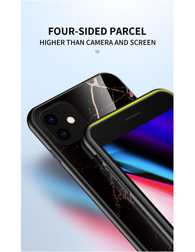 iPhone 11 marmorskal med fyra sidor som skyddar kameran och skärmen, sett från sidan