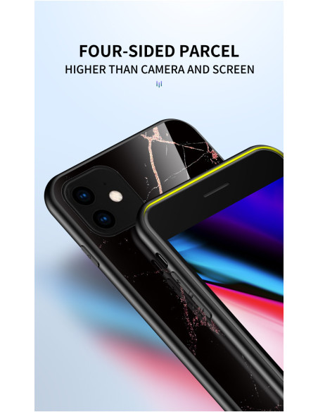iPhone 11 marmorskal med fyra sidor som skyddar kameran och skärmen, sett från sidan