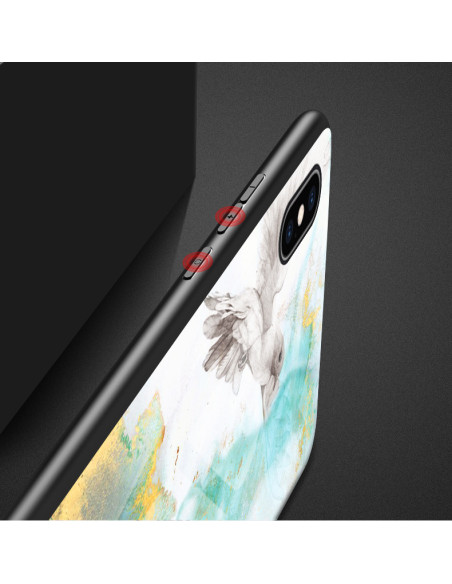 iPhone XS Max marmorskal med fågelmotiv, sett från sidan med knappar synliga