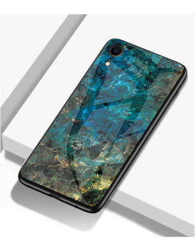 iPhone XR marmorskal med blå och guldiga detaljer, sett från sidan