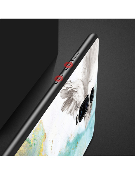 Xiaomi Mi 9T / 9T Pro marmorskal med detaljvy av design i vitt och blått, sett från sidan