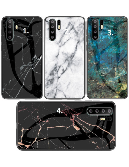 Närbild av Huawei P30 Pro marmorskal med svart och rosa marmorutseende