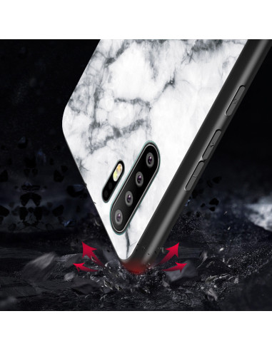 Sidan av Huawei P30 Pro marmorskal med marmorutseende och öppningar för kameran