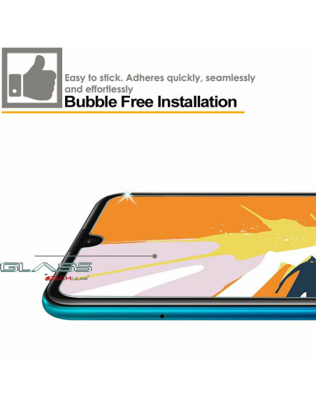 Närbild av Huawei Y6s härdat glas med 2.5D design, visat från sidan med fokus på installation