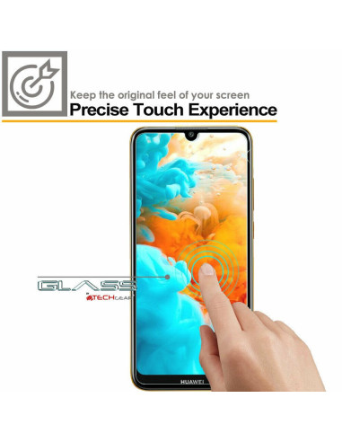 Huawei Y6s härdat glas med 2.5D design, visat monterat på telefon med finger som trycker på skärmen