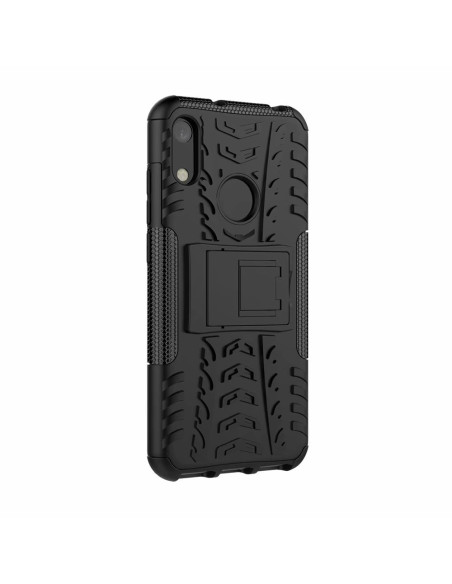 Svart stöttåligt skal för Huawei Y6s med mönstrad yta och utfällbart stöd, sett från sidan
