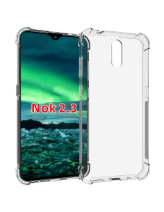 Transparent skal för Nokia 2.3 med förstärkta hörn, monterat på telefon med grön bakgrund
