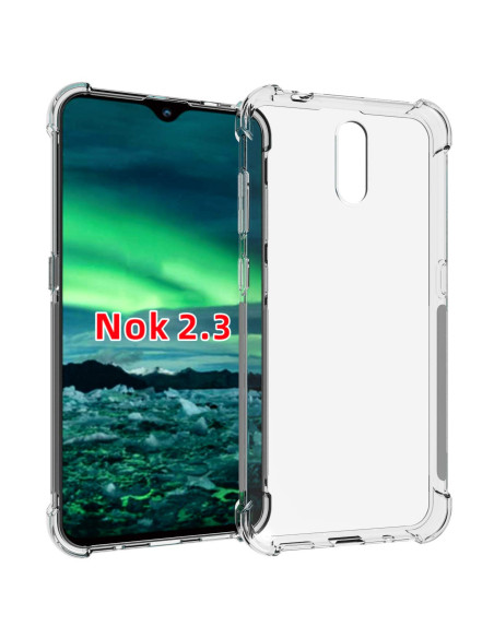 Transparent skal för Nokia 2.3 med förstärkta hörn, monterat på telefon med grön bakgrund