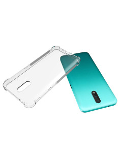Transparent skal för Nokia 2.3 med förstärkta hörn, monterat på telefon med grön bakgrund 2