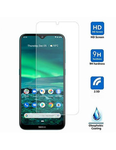 Nokia 2.3 med härdat glas monterat framifrån, visar skärmen och bakgrunden 2