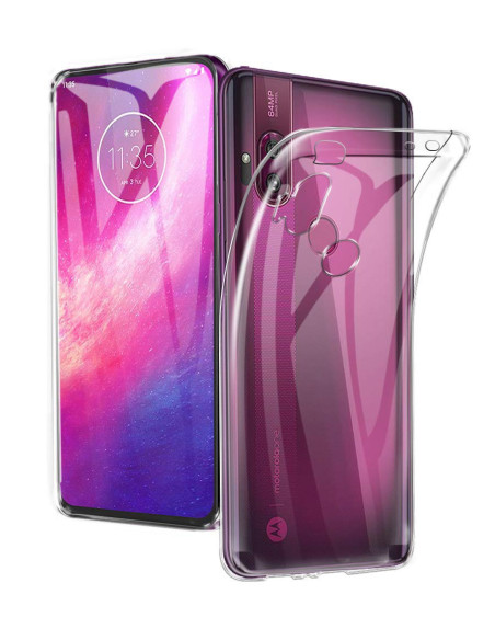 Genomskinligt TPU-skal monterat på Motorola One Hyper med färgglad bakgrund
