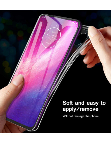 Transparent TPU-skal som appliceras på Motorola One Hyper med fokus på skärmens framsida