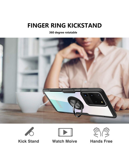 Samsung S20 Ultra skal med ringhållare, visat bakifrån med ringhållaren i användning