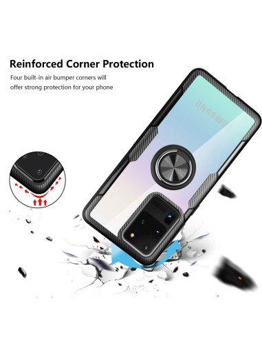 Samsung S20 Ultra skal med ringhållare, detaljvy av förstärkta hörn och ringhållare