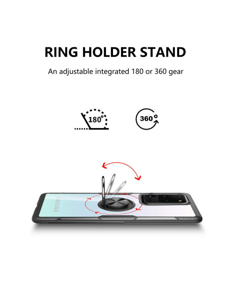 Samsung S20 Ultra skal med ringhållare, visat ovanifrån med fokus på ringhållarens justerbara funktion