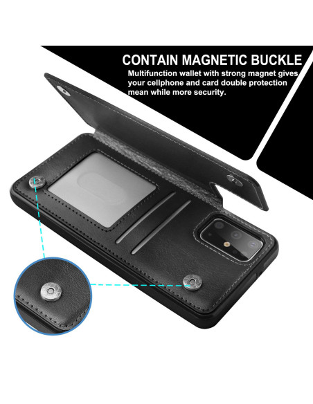 Detaljvy av svart flip-skal för Samsung S20 Plus med tre korthållare och magnetisk stängning