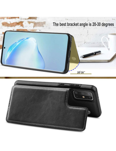Svart flip-skal för Samsung S20 Plus i ställning med korthållare, visat från sidan
