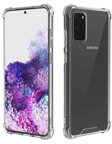 Transparent stöttåligt skal för Samsung S20 Plus, visat från sidan och framifrån