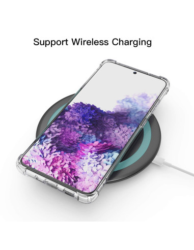 Samsung S20 Plus skal i transparent TPU, monterat på trådlös laddare med blommönster på skärmen