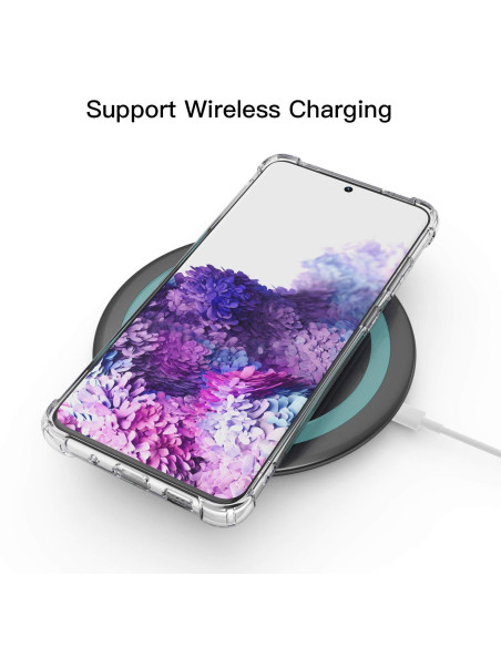 Samsung S20 Plus skal i transparent TPU, monterat på trådlös laddare med blommönster på skärmen