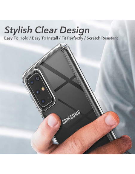 Genomskinligt TPU-skal för Samsung S20 Plus, hålls i handen med fokus på baksidan och kamerautskärning