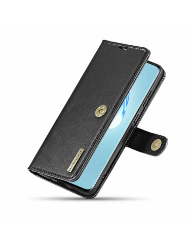 Mobilplånbok i svart konstläder för Samsung S20 Plus, öppnad med telefon insatt, sedd från sidan