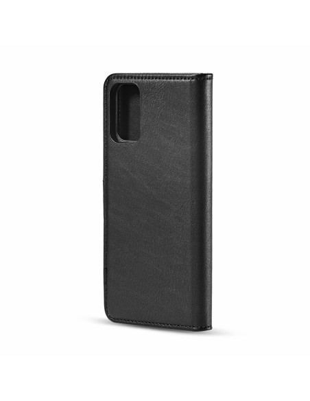 Mobilplånbok i svart konstläder för Samsung S20 Plus, sedd från sidan med öppen design