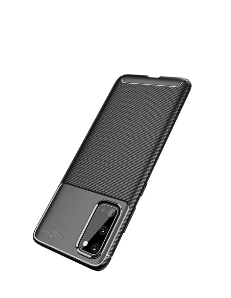 Samsung Galaxy S20 Plus skal i FullCarbon V4, snett framifrån med fokus på textur och design