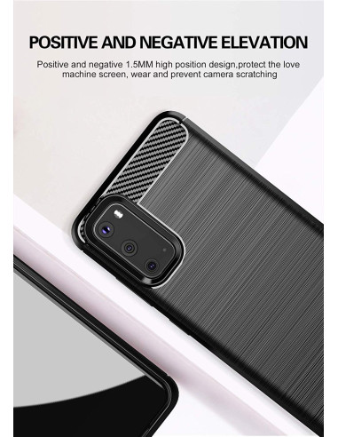 Detaljvy av SlimCarbon skal för Samsung S20, med fokus på kamerautskärning och textur