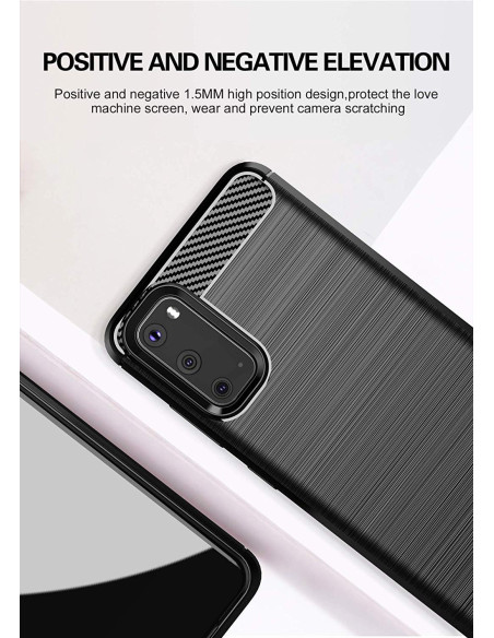 Detaljvy av SlimCarbon skal för Samsung S20, med fokus på kamerautskärning och textur