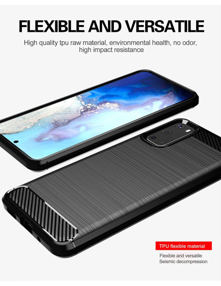 SlimCarbon skal för Samsung S20, visat framifrån med fokus på skärmens kant och baksidan