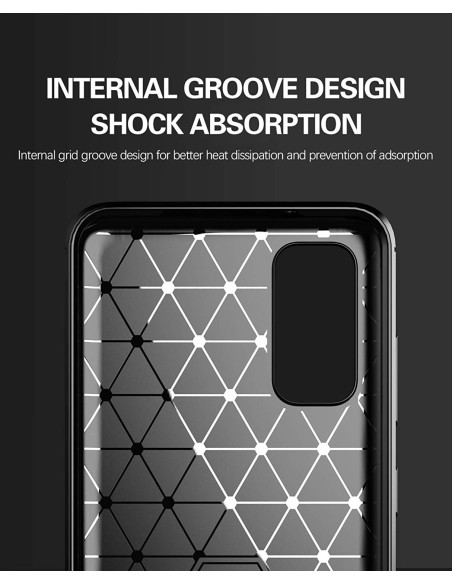 Närbild av SlimCarbon skal för Samsung S20, med fokus på det interna mönstret för stötabsorption